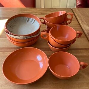 Vintage MCM Melmac Sun Valley Durawear Orange Cups and Bowls 16 Piece Set MCM